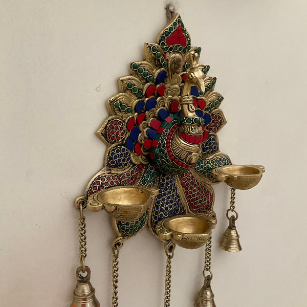 17.5 Inch Peacock Wall Hanging Diya Bell - Brass Stonework Decor - Crafts N Chisel - Indian Home Decor USA