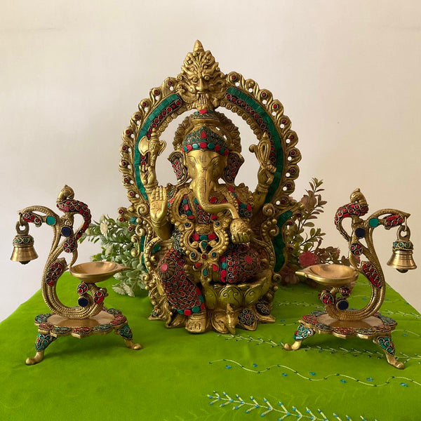 15 Inch Lord Ganesh Brass Idol Stonework And 7 Inch Peacock Diya With Bell Home Pooja Decor (Set of 3) - Crafts N Chisel - Indian Home Decor USA