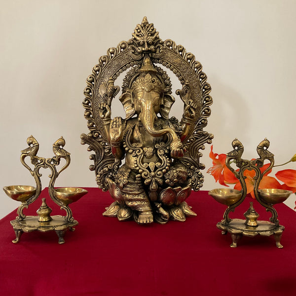 15 Inch Lord Ganesh Brass Idol And Peacock Diya Home Pooja Decor (Set of 3) - Crafts N Chisel - Indian Home Decor USA