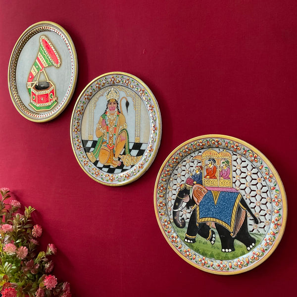 Hanumanji, Elephant And Gramaphone Painting (Set of 3) - Wall Hanging - Decorative Round Marble Plate - Crafts N Chisel - Indian Home Decor USA