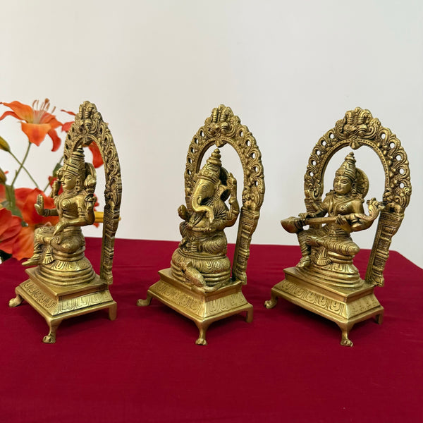 Lakshmi Ganesh Saraswati Brass Idol - Decorative Home Decor - Crafts N Chisel - Indian Home Decor USA