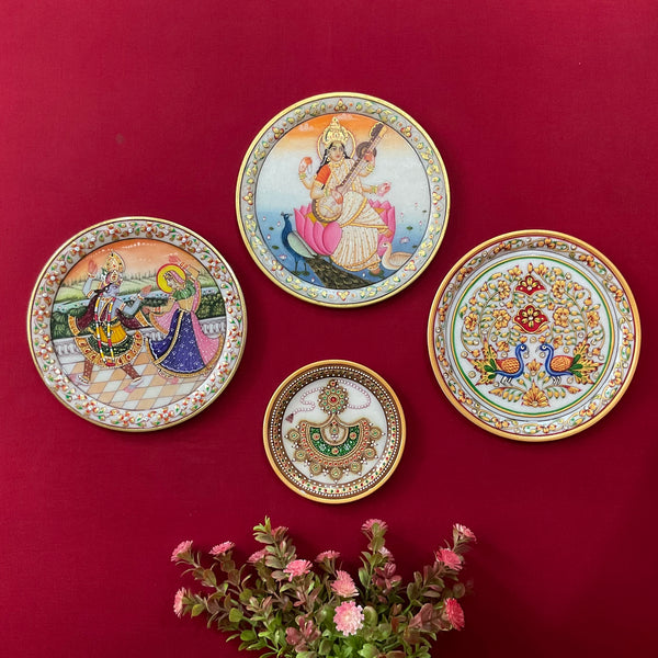 Saraswati Ma, Radha Krishna Meenakari Jewelry Painting (Set of 4) - Wall Hanging - Decorative Round Marble Plate - Crafts N Chisel - Indian Home Decor USA