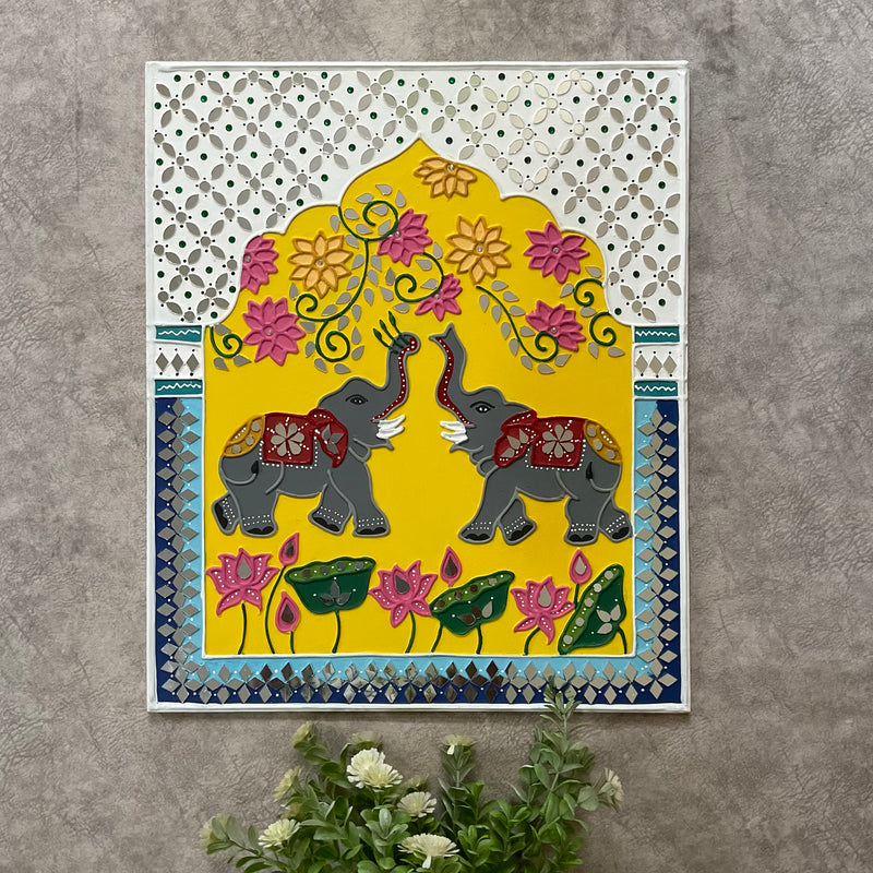 Elephant Flower Rangoli Lippan Wall Hanging - Clay Mirror Wall Decor (Set of 3) - Crafts N Chisel - Indian Home Decor USA