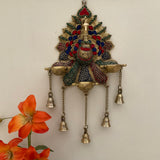 17.5 Inch Peacock Wall Hanging Diya Bell - Brass Stonework Decor - Crafts N Chisel - Indian Home Decor USA