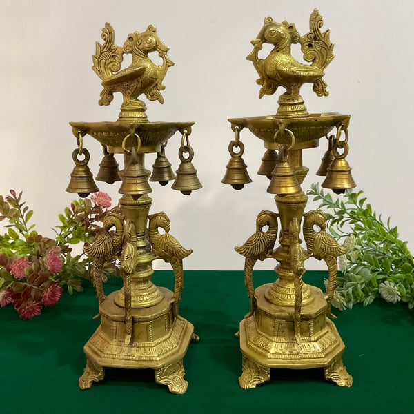 13 Inch Annapakshi Brass Diya Lamp (Set of 2) - Temple Decor - Brass Diya For Pooja - Crafts N Chisel - Indian Home Decor USA