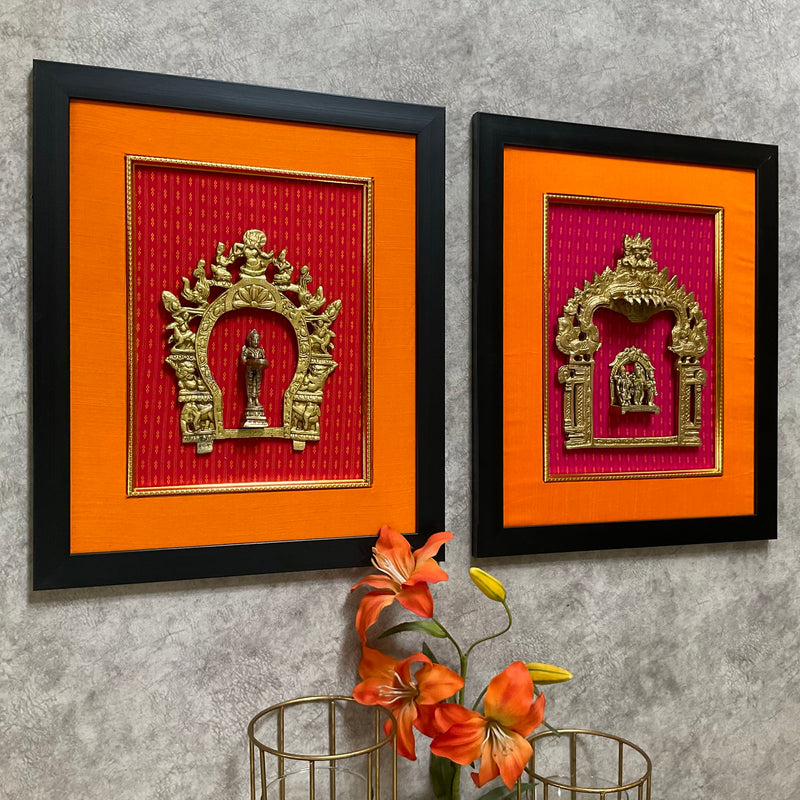 Framed Brass Prabhavali (Set of 2) - Ram Darbar And Deep Lakshmi - Ethnic Wall Decor - Crafts N Chisel - Indian Home Decor USA