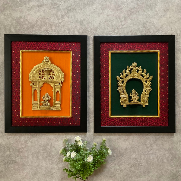 Framed Brass Prabhavali (Set of 2) - Lakshmi Ganesha - Ethnic Wall Decor - Crafts N Chisel - Indian Home Decor USA