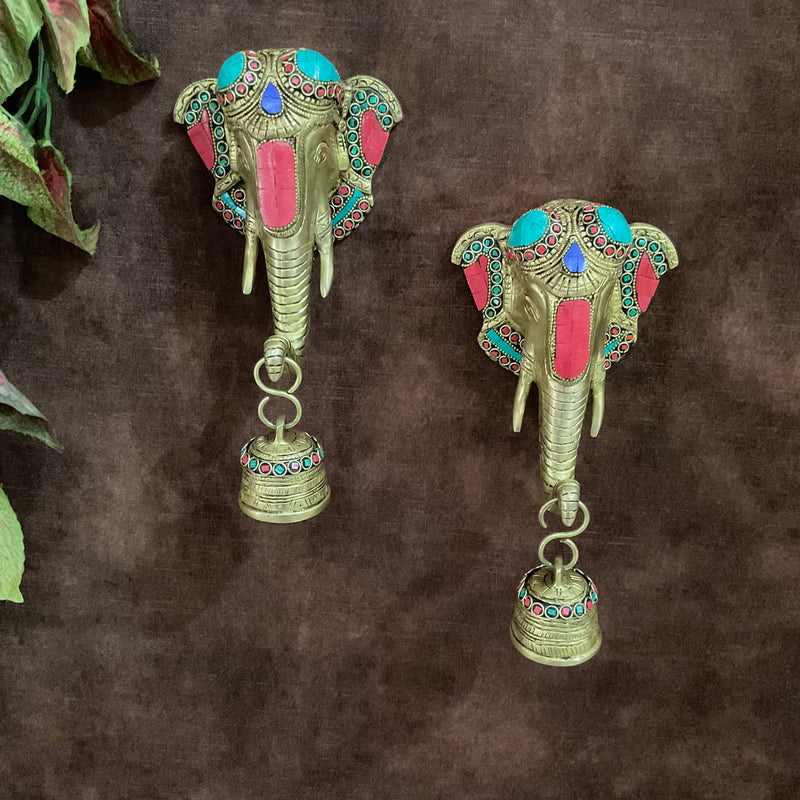 Elephant Bell (Set of 2) Stonework - Decorative Brass Wall Hanging - Crafts N Chisel - Indian Home Decor USA