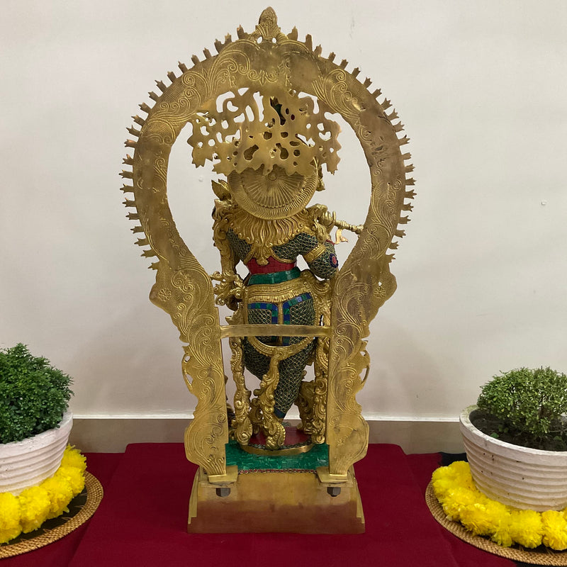 32 Inch Lord Krishna Idol Brass Stonework - Krishna Statue Decorative Figurine - Crafts N Chisel - Indian Home Decor USA