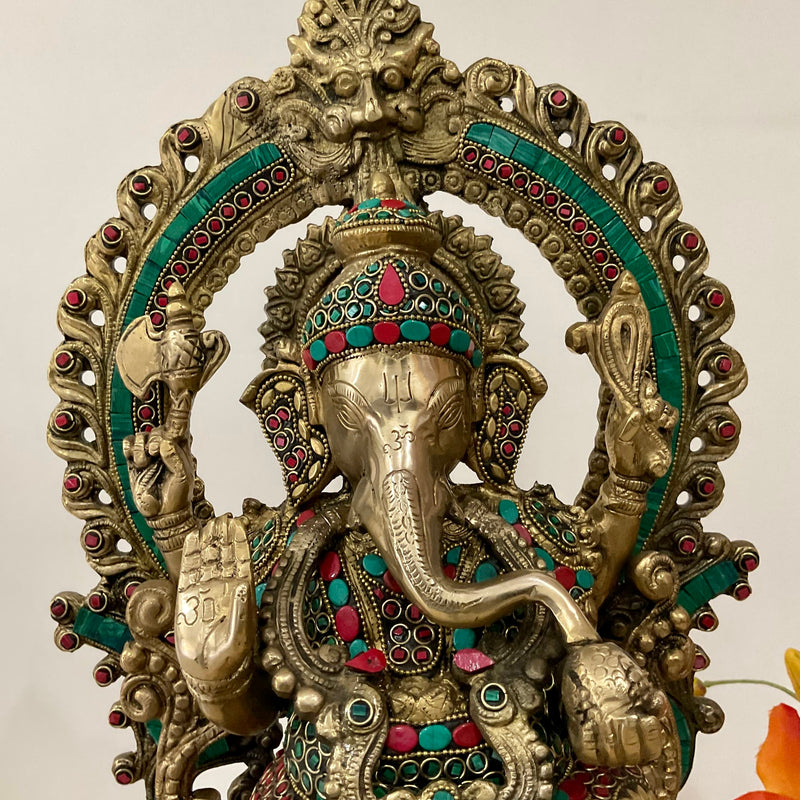 17.5 Inches Lord Ganesh Brass Idol Stonework - handcrafted Ganpati Decorative Statue for Home Decor - Housewarming Gift - Crafts N Chisel - Indian Home Decor USA