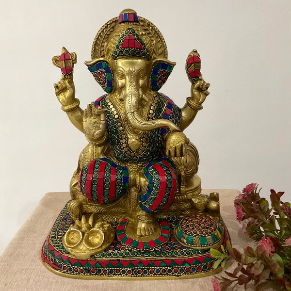 12.5 Inch Ganesha Idol Brass Stonework - Ganpati Pooja Statue, Housewarming Gift - Crafts N Chisel - Indian Home Decor USA