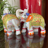Handcrafted 5 Inches Marble Elephant (Set of 2) - Meenakari Stone Art - Table Animal Decor - Crafts N Chisel - Indian Home Decor USA
