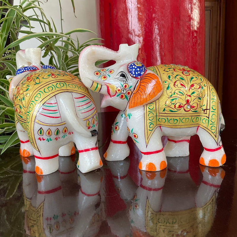 Handcrafted 5 Inches Marble Elephant (Set of 2) - Meenakari Stone Art - Table Animal Decor - Crafts N Chisel - Indian Home Decor USA
