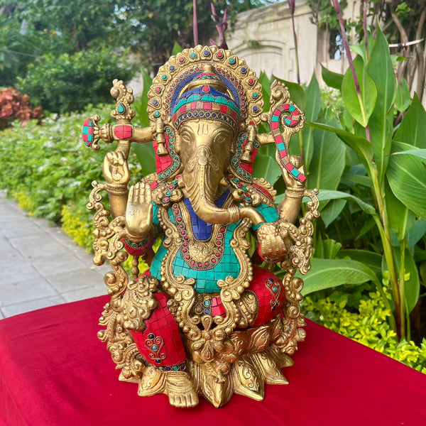 16 Inches Lord Ganesh Brass Idol Stonework - handcrafted Ganpati Decorative Statue for Home Decor - Housewarming Gift - Crafts N Chisel - Indian Home Decor USA