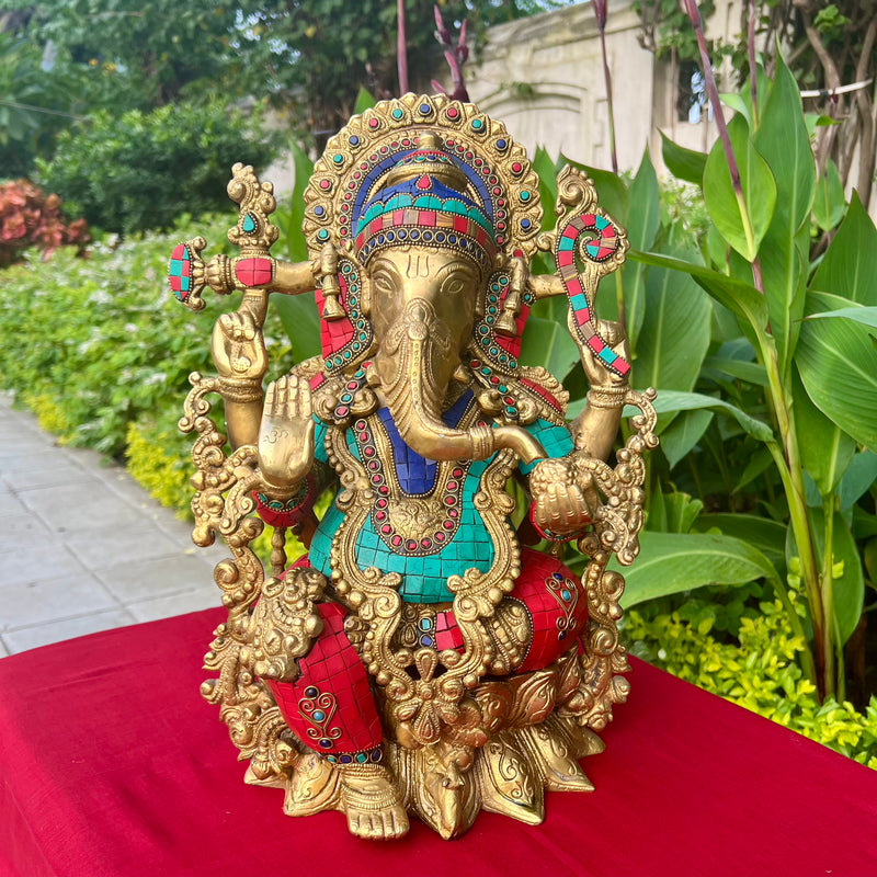 16 Inches Lord Ganesh Brass Idol Stonework - handcrafted Ganpati Decorative Statue for Home Decor - Housewarming Gift - Crafts N Chisel - Indian Home Decor USA