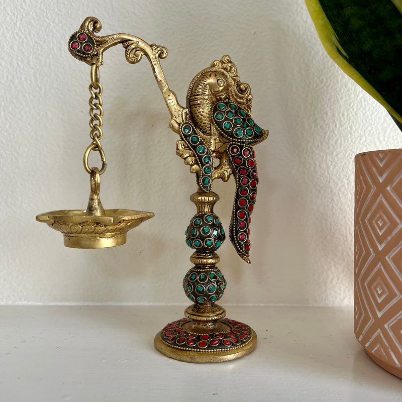 8 Inches Brass Peacock Stonework Hanging Diya Lamp (Set of 2) - Crafts N Chisel - Indian Home Decor USA