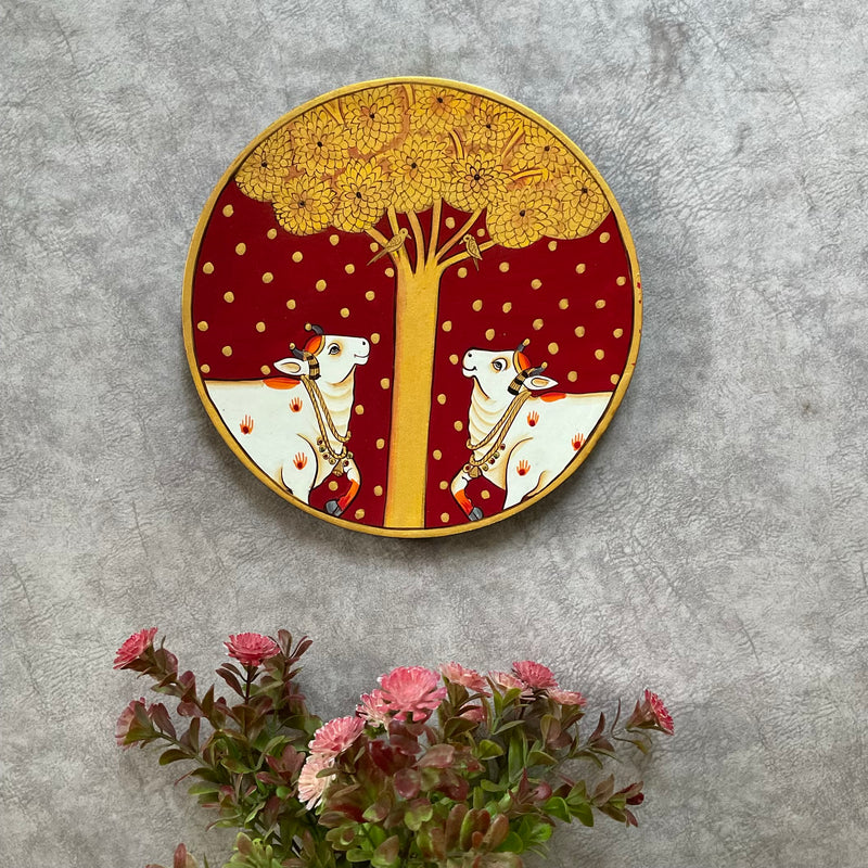 Krishna Shrinathji Cow Pichwai Wall Hanging - Decorative Round Plate - Crafts N Chisel - Indian Home Decor USA