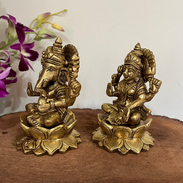 5 Inches Brass Lakshmi Ganesh Statue - Pooja Idol for Home - Festive Decor - Crafts N Chisel - Indian Home Decor USA