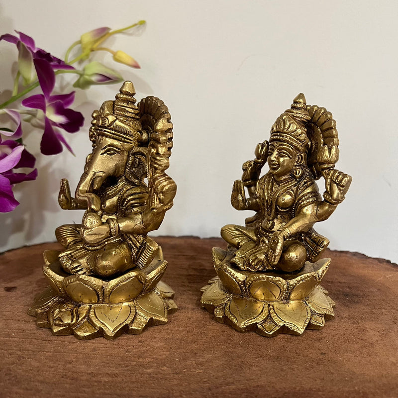 5 Inches Brass Lakshmi Ganesh Statue - Pooja Idol for Home - Festive Decor - Crafts N Chisel - Indian Home Decor USA