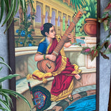 Seated Women Playing Sitar Handmade Oil Painting - Raja Ravi Varma Painting Recreation - Wall Decor - Crafts N Chisel - Indian Home Decor USA