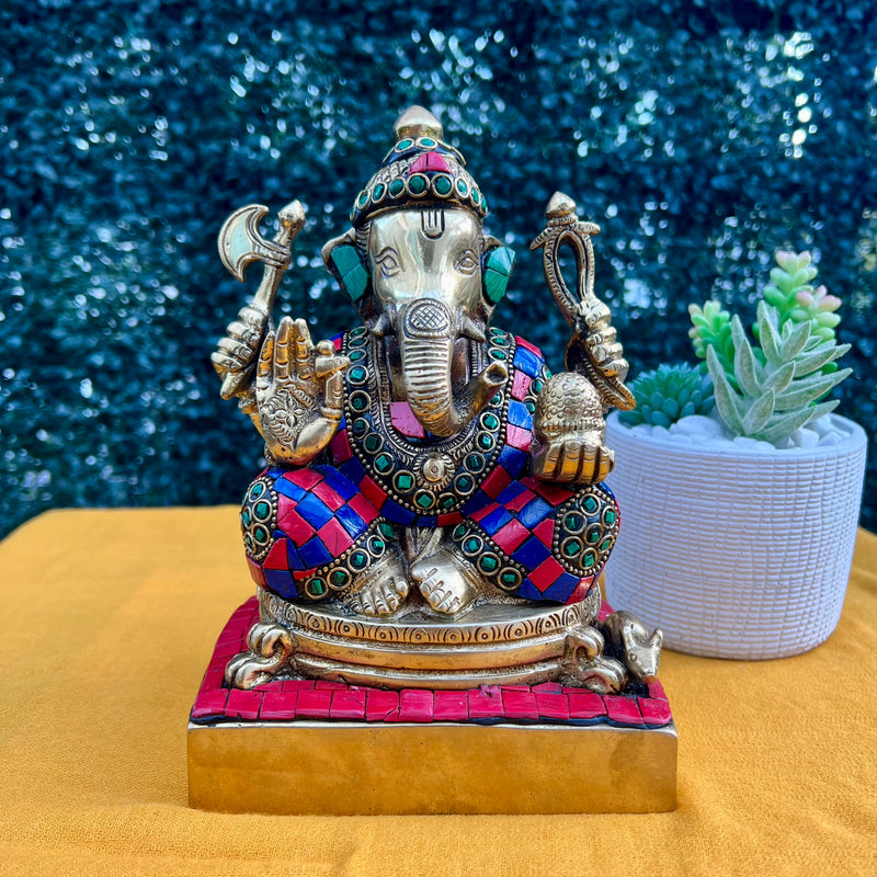 8 Inches Lord Ganesh Brass Idol - handcrafted Stonework - Ganpati Decorative Statue for Home Decor - Housewarming Gift - Crafts N Chisel - Indian Home Decor USA