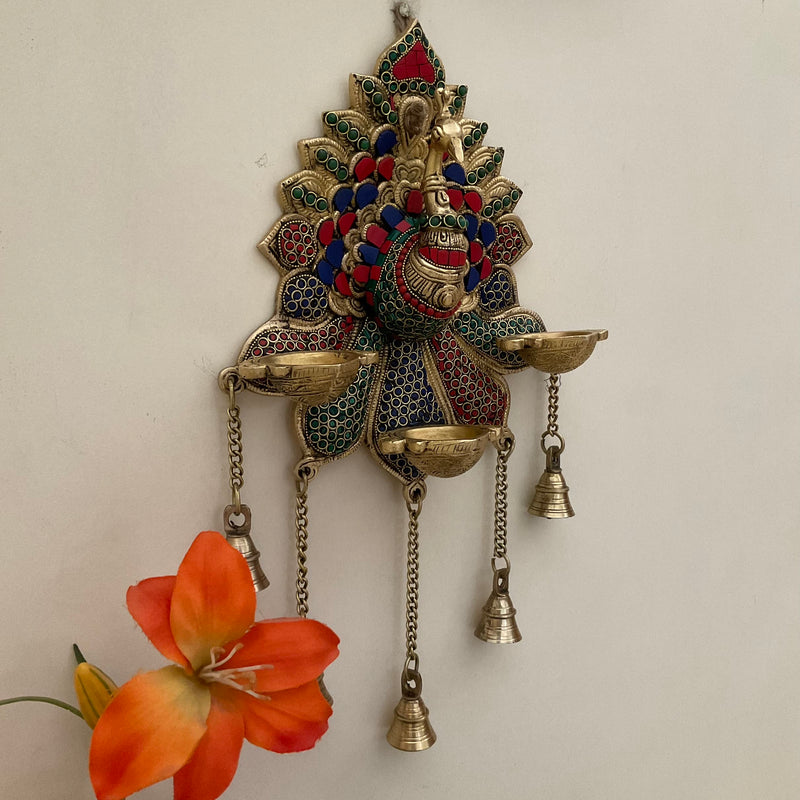 17.5 Inch Peacock Wall Hanging Diya Bell - Brass Stonework Decor - Crafts N Chisel - Indian Home Decor USA