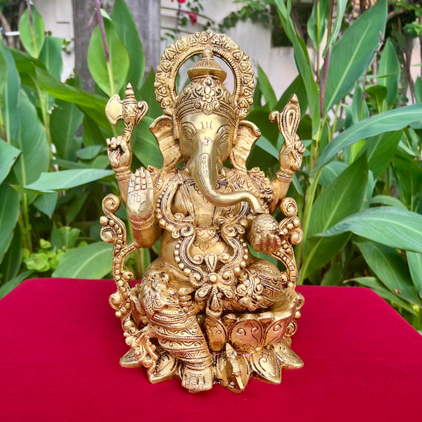 12 Inches Lord Ganesh Brass Idol - Ganpati Decorative Statue for Home Decor - Crafts N Chisel - Indian Home Decor USA