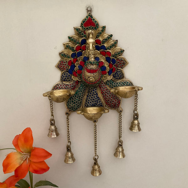 17.5 Inch Peacock Wall Hanging Diya Bell - Brass Stonework Decor - Crafts N Chisel - Indian Home Decor USA