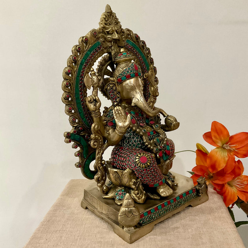 17.5 Inches Lord Ganesh Brass Idol Stonework - handcrafted Ganpati Decorative Statue for Home Decor - Housewarming Gift - Crafts N Chisel - Indian Home Decor USA