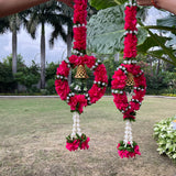 Artificial Pink Flower Ring With Bell (Set of 6) - Festive Decoration Wall Hanging - Crafts N Chisel - Indian Home Decor USA