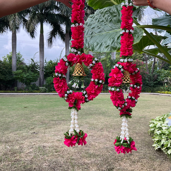 Artificial Pink Flower Ring With Bell (Set of 6) - Festive Decoration Wall Hanging - Crafts N Chisel - Indian Home Decor USA