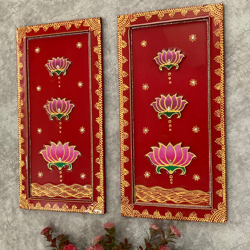 Shrinathji Jharoka Lotus Pichwai Wall Hanging (Set of 3) - Crafts N Chisel - Indian Home Decor USA