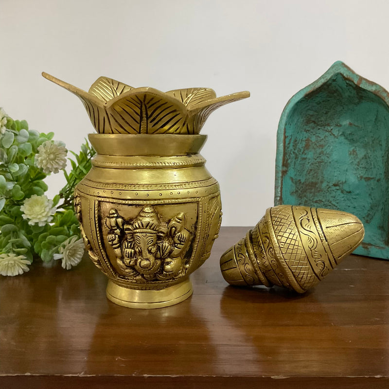 Lakshmi Ganesha Brass Kalash With Coconut For Pooja - Crafts N Chisel - Indian Home Decor USA