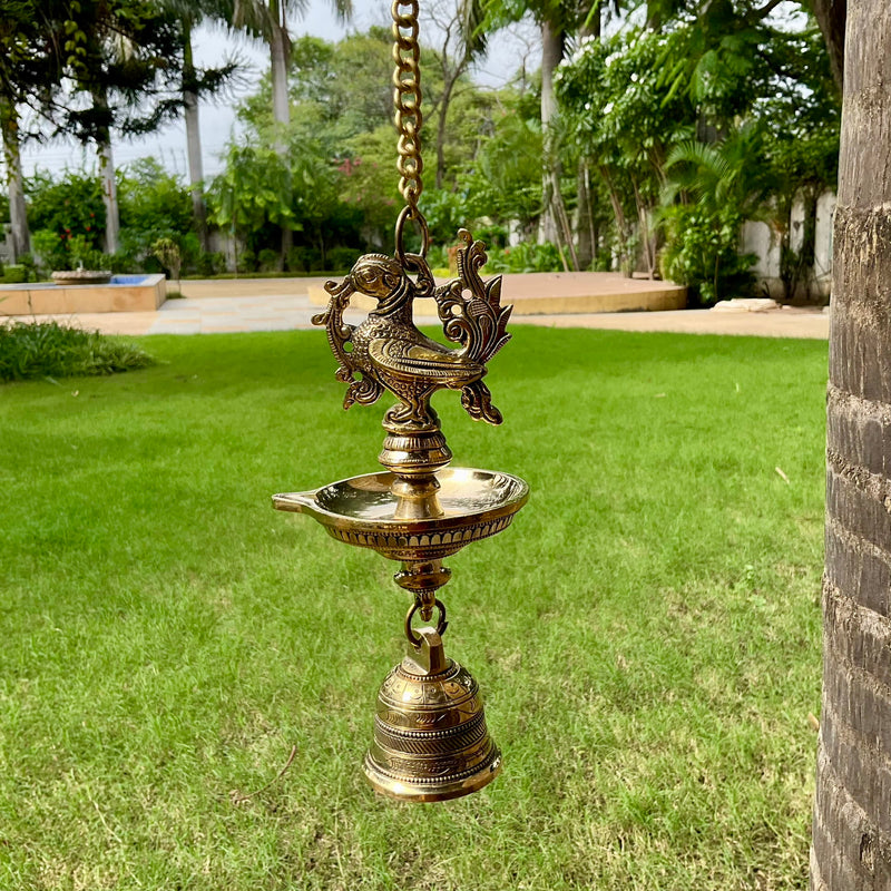 Annapakshi Hanging Diya Lamp With Bell Brass Festive Home Decor - Crafts N Chisel - Indian Home Decor USA