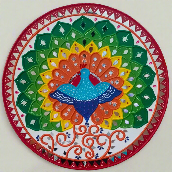 18 Inches Peacock Lippan Art Wall Hanging - Clay Mirror Wall Decor - Crafts N Chisel - Indian Home Decor USA