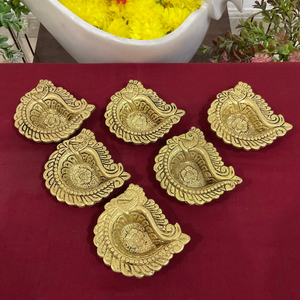 Small Peacock Diya Lamp (Set of 6) - Handmade Brass lamp - Brass Diya For Pooja - Crafts N Chisel - Indian Home Decor USA
