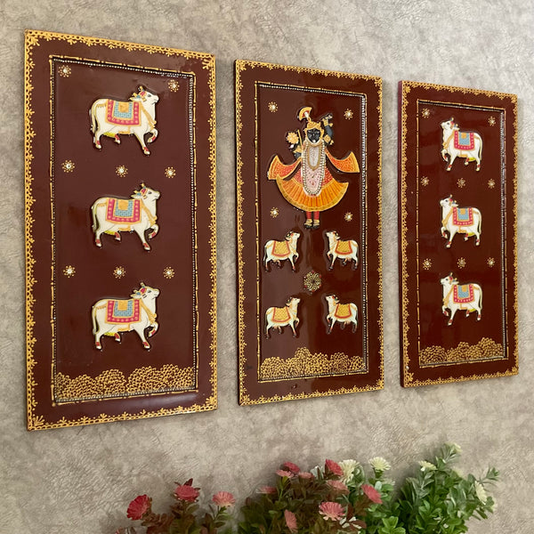 Shrinathji Cow Pichwai Wall Hanging (Set of 3) - Crafts N Chisel - Indian Home Decor USA