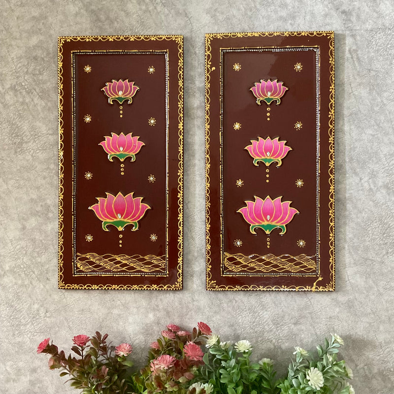 Shrinathji Jharoka Lotus Pichwai Wall Hanging (Set of 3) - Crafts N Chisel - Indian Home Decor USA