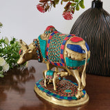 8 Inches Cow and Calf Handmade Brass Statue With Stonework - Decorative Figurine - Crafts N Chisel - Indian Home Decor USA