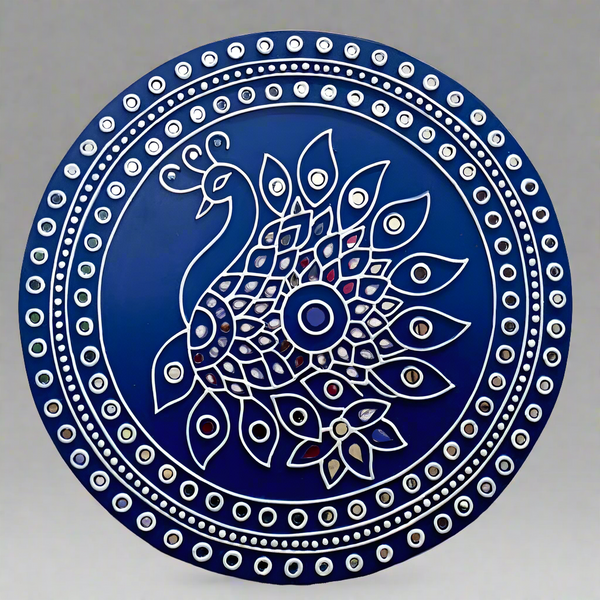 18 Inches Peacock Navy Blue Lippan Art Wall Hanging - Clay Mirror Wall Decor - Crafts N Chisel - Indian Home Decor USA