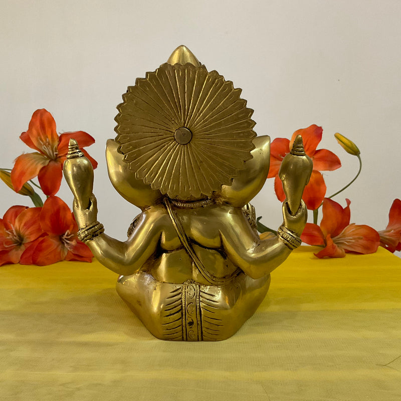 9 Inch Brass Ganesh Idol For Pooja - Home Decor Festive Statue - Crafts N Chisel - Indian Home Decor USA