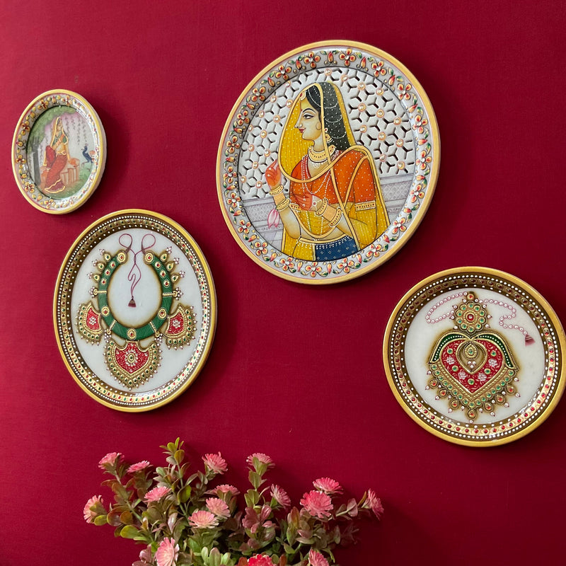 Rajasthani Meenakari Jewelry Painting (Set of 4) - Wall Hanging - Decorative Round Marble Plate - Crafts N Chisel - Indian Home Decor USA