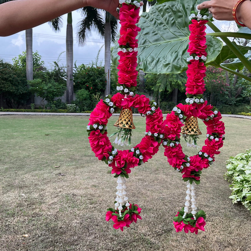 Artificial Pink Flower Ring With Bell (Set of 6) - Festive Decoration Wall Hanging - Crafts N Chisel - Indian Home Decor USA