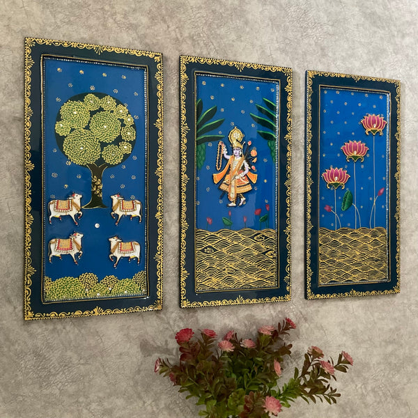 Shrinathji Lotus Pichwai Wall Hanging (Set of 3) - Crafts N Chisel - Indian Home Decor USA