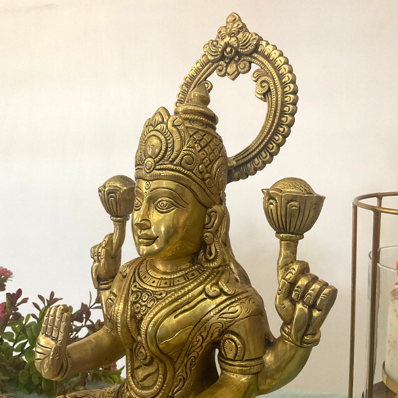 14 Inch Goddess Lakshmi Brass Idol - Goddess of Fortune, Wealth, Prosperity - Pooja Statue - Crafts N Chisel - Indian Home Decor USA