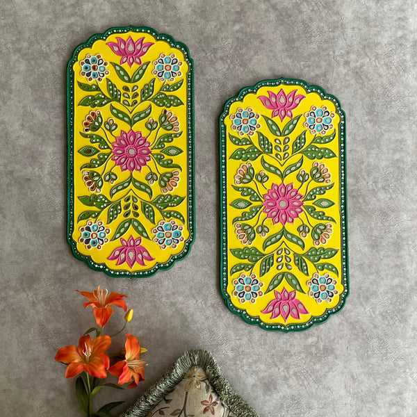 Flower Lippan Wall Hanging (Set of 2) - Clay Mirror Wall Decor - Crafts N Chisel - Indian Home Decor USA