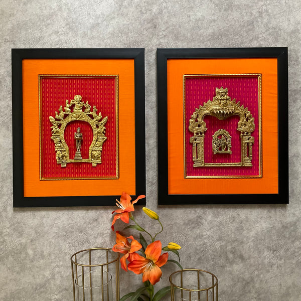 Framed Brass Prabhavali (Set of 2) - Ram Darbar And Deep Lakshmi - Ethnic Wall Decor - Crafts N Chisel - Indian Home Decor USA
