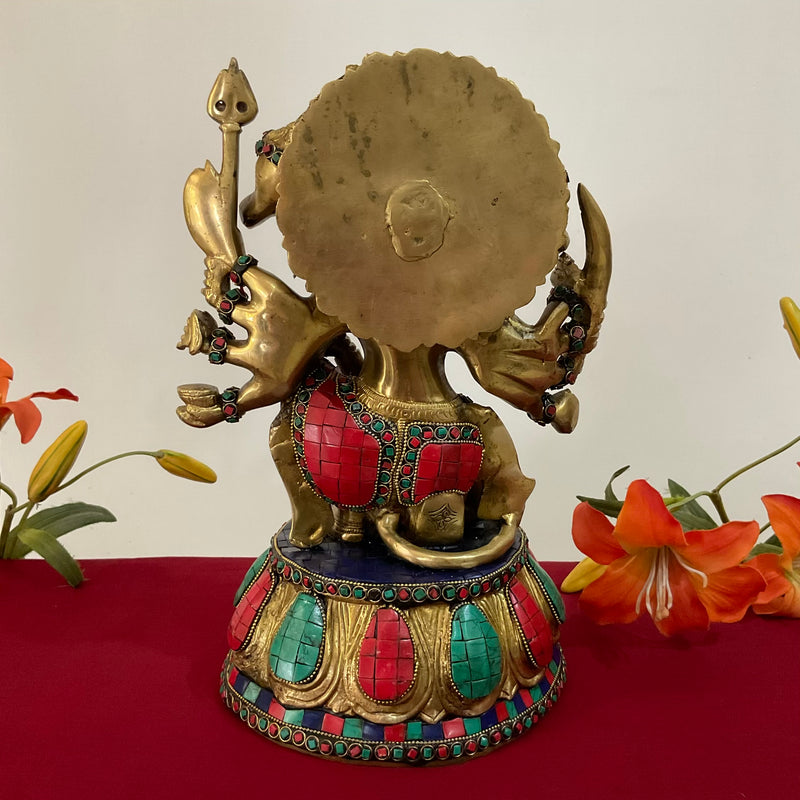 12.5 Inch Lord Hanuman Punchmukhi Idol - Brass Stonework Decorative Home Decor - Crafts N Chisel - Indian Home Decor USA