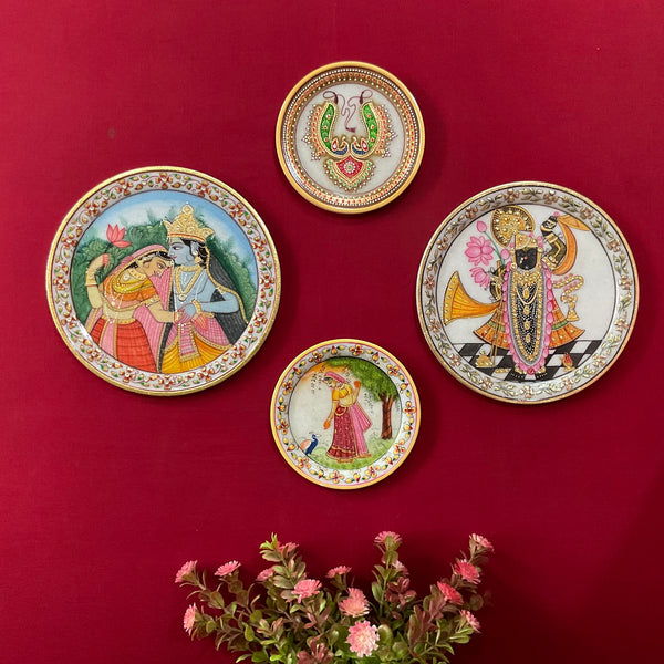 Radha Krishna, Shrinathji And Meenakari Jewelry Painting (Set of 4)- Wall Hanging - Decorative Round Marble Plate - Crafts N Chisel - Indian Home Decor USA