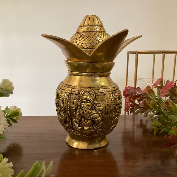 Lakshmi Ganesha Brass Kalash With Coconut For Pooja - Crafts N Chisel - Indian Home Decor USA